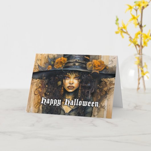 Happy Halloween Voodoo Witch Illustration カード (黄色い花)
