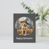 Happy Halloween Witch Golden Retriever Dog Pumpkin ポストカード (スタンド正面)
