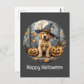 Happy Halloween Witch Golden Retriever Dog Pumpkin ポストカード (正面/裏面)