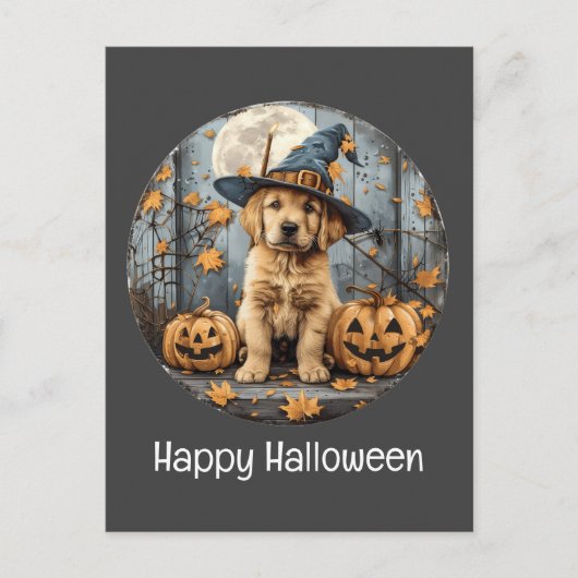 Happy Halloween Witch Golden Retriever Dog Pumpkin ポストカード (正面)