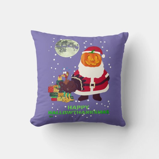 「HAPPY HALLOWTHANKSMAS」ホリデーパおもしろいーティギフト クッション (正面)