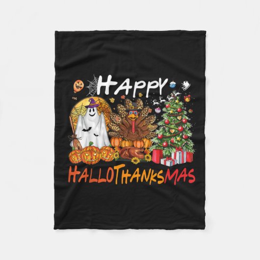 Happy Hallowthanksmas Fall Christmas Halloween Fam フリースブランケット (正面)