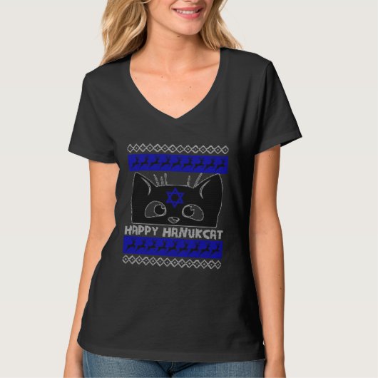 Happy Hanucat Cat Menorah Hanukkah Jewish Tシャツ (正面)