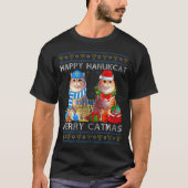 Happy Hanukcat Merry Catmas Ugly Christmas Chanuka Tシャツ (正面)