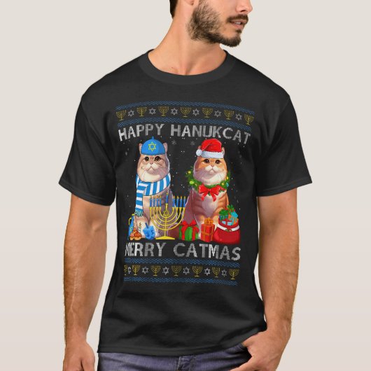Happy Hanukcat Merry Catmas Ugly Christmas Chanuka Tシャツ (正面)