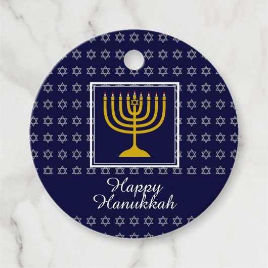 HAPPY HANUKKAHスター・オブ・デイビッドパーソナライズされた（ユダヤ教）メノラー フェイバータグ (正面)