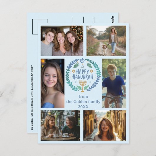 HAPPY HANUKKAHハンドドローカスタムド6フォトホリデー ポストカード (正面/裏面)