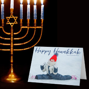 Happy Hanukkahフルフォトブルーモダンスクリプト シーズンカード