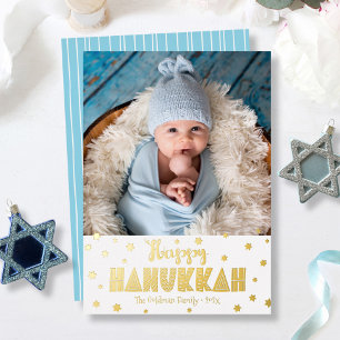 Happy Hanukkah写真モダンお洒落実在金ゴールド 箔シーズンカード