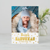 Happy Hanukkah写真モダンお洒落実在金ゴールド 箔シーズンカード (立ち正面)