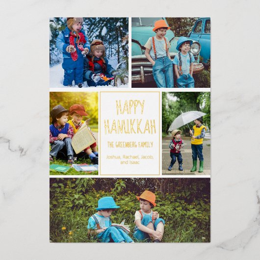 Happy Hanukkah写真モダンコラージュエレガント金ゴールド 箔シーズンカード (正面)