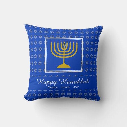 HAPPY HANUKKAH平和ラブジョイカスタマイズ可能なブルー クッション (正面)