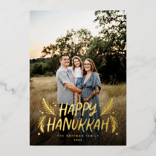 Happy Hanukkah手描き葉の雪写真 箔シーズンカード