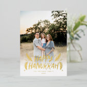 Happy Hanukkah手描き葉の雪写真 箔シーズンカード (立ち正面)