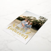 Happy Hanukkah手描き葉の雪写真 箔シーズンカード (回転した状態)