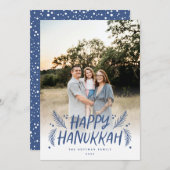 Happy Hanukkah手描き葉の雪青の写真 シーズンカード (正面/裏面)