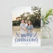 Happy Hanukkah手描き葉の雪青の写真 シーズンカード (スタンド正面)