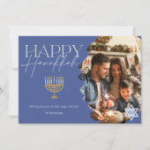 Happy Hanukkah金ゴールドブルースクリプト（ユダヤ教）メノラー写真 シーズンカード (正面)