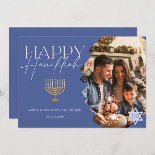 Happy Hanukkah金ゴールドブルースクリプト（ユダヤ教）メノラー写真 シーズンカード (正面/裏面)