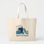 Happy Hanukkah ラージトートバッグ<br><div class="desc">This design is beautiful and bright and fills you to the brim with holiday spirit and is perfect on gifts,  table runners,  kitchen linens,  home decor and on all things Hanukkah!</div>