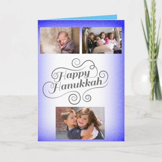 Happy Hanukkah 3枚の写真ブルーホワイト2トーン背景 シーズンカード (正面)