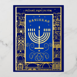 Happy Hanukkah Beautiful Jewish Holiday Menorah 箔招待状ポストカード