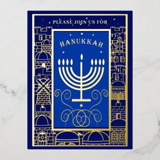 Happy Hanukkah Beautiful Jewish Holiday Menorah 箔招待状ポストカード (正面)