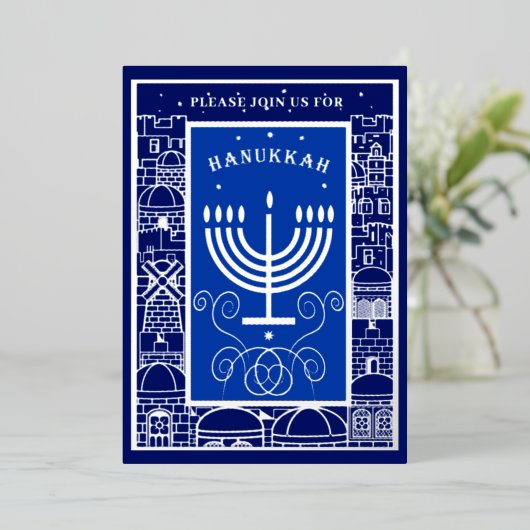 Happy Hanukkah Beautiful Jewish Holiday Menorah 箔招待状 (立ち正面)