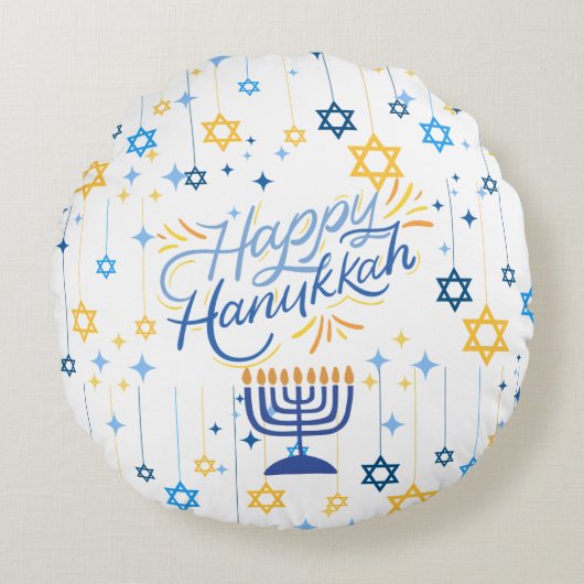 Happy Hanukkah Blue And Gold ラウンドクッション (正面)
