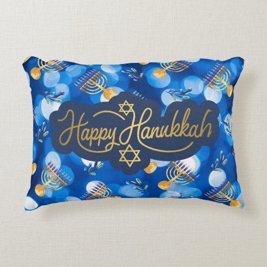 Happy Hanukkah Blue And White アクセントクッション (正面)