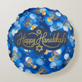Happy Hanukkah Blue And White ラウンドクッション
