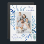 Happy Hanukkah Blue Botanical Family Photo Magnet<br><div class="desc">Beautiful blue watercolor botanical leaves spring out of your vertical Jewish family photograph for a Happy Hanukkah. Personalize this elegant Chanukah photo magnet card.</div>