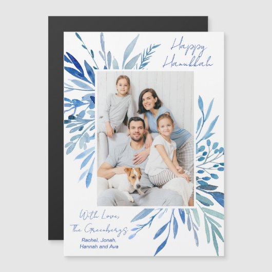 Happy Hanukkah Blue Botanical Family Photo Magnet (正面/裏面)