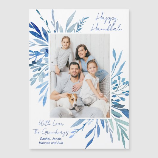 Happy Hanukkah Blue Botanical Family Photo Magnet (正面)