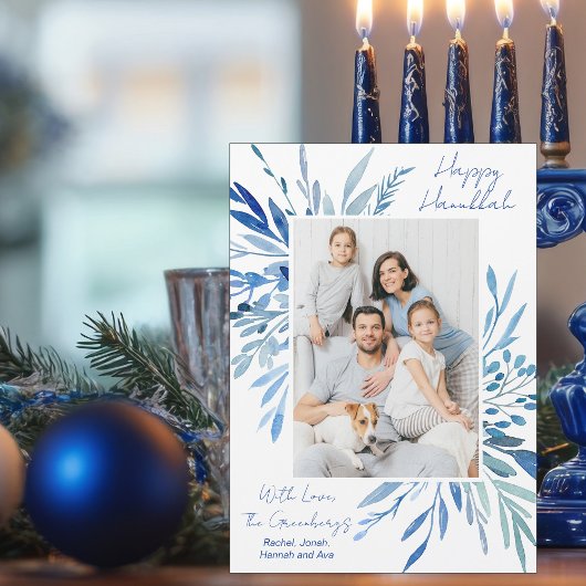 Happy Hanukkah Blue Botanical Family Photo Magnet