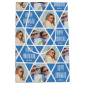 Happy Hanukkah Custom Name Photos Star Blue ミディアムペーパーバッグ (正面)