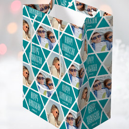 Happy Hanukkah Custom Name Photos Star Green ミディアムペーパーバッグ