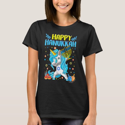 Happy Hanukkah Dabbing Jewish Unicorn Kids Chanuka Tシャツ (正面)