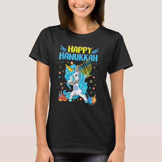 Happy Hanukkah Dabbing Jewish Unicorn Kids Chanuka Tシャツ (正面)