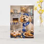 Happy Hanukkah Dog Card – Playful Golden Doodle カード (黄色い花)