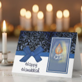 Happy Hanukkah Elegant Blue Scroll Pattern Candle シーズンカード