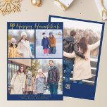 Happy Hanukkah Family 3 Photo Collage Modern Blue シーズンカード<br><div class="desc">Modern customizable Jewish family photo collage Hanukkah card with a collection of winter photos. Add 3 of your favorite Chanukah memories on this modern three photograph layout below a menorah and gold cursive script. Happy Hanukkah.</div>