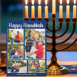 Happy Hanukkah Family Photo Collage Blue Pattern シーズンカード<br><div class="desc">Beautiful blue Happy Hanukkah cards with your family photo collage underneath the white script. Cute customized photograph cards for a proud Jewish family during the holiday season. The back is a dreidel,  menorah,  and Star of David pattern.</div>