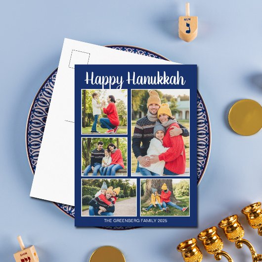 Happy Hanukkah Family Photo Collage Modern Blue シーズンポストカード