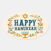 HAPPY HANUKKAH floral wreath Jewish Holiday  楕円形シール (正面)