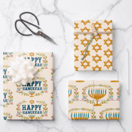 HAPPY HANUKKAH floral wreath Jewish Holiday Set of ラッピングペーパーシート