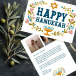 HAPPY HANUKKAH Floral Wreath Menorah Custom Photos シーズンカード<br><div class="desc">Hand drawn text and florals by me for you. Click "personalize" to edit and add your own text and photos to the back of the postcard or change the background colors. Everything is customizable. For more designs and colors check my shop! Or let me know if you'd like something custom....</div>