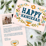 HAPPY HANUKKAH Floral Wreath Menorah Custom Photos シーズンカード<br><div class="desc">Hand drawn text and florals by me for you. Click "personalize" to edit and add your own text and photos to the back of the postcard or change the background colors. Everything is customizable. For more designs and colors check my shop! Or let me know if you'd like something custom....</div>