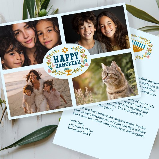 HAPPY HANUKKAH Floral Wreath Menorah Custom Photos シーズンカード