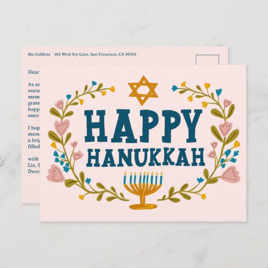 HAPPY HANUKKAH Floral Wreath Menorah Custom text ポストカード (正面/裏面)